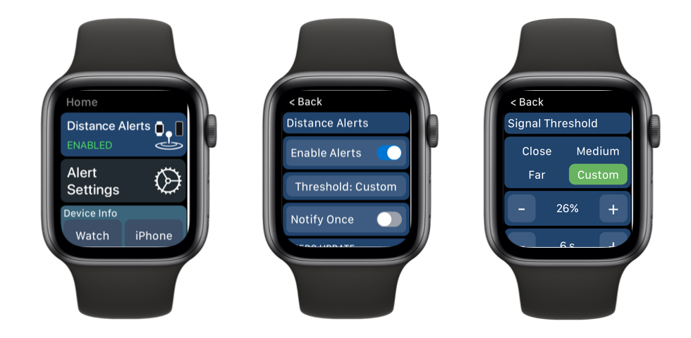 Phone Buddy Notifer on Apple Watch displaying Phone Lost Alert settings, Apple Watch Complication, and Phone Found alert.