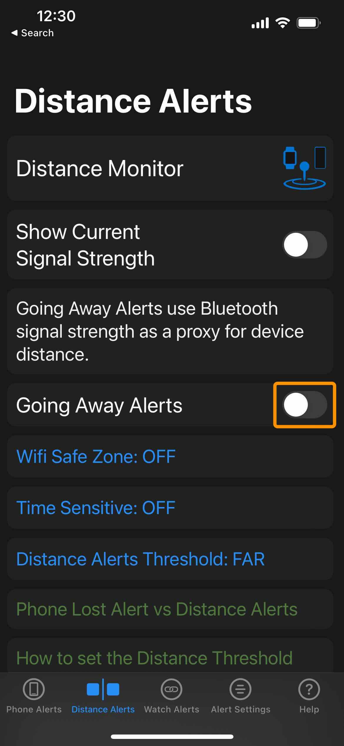 Phone Buddy Phone Lost Alert iPhone Distance Alerts tab Page With Going Away Alert Highlighted